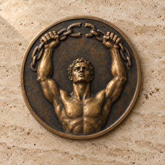 Emblema de bronce: un hombre alza sobre su cabeza una cadena con el eslabón partido.