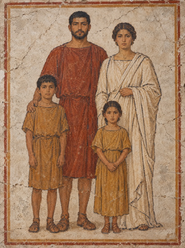 Fresco familiar: un hombre con túnica roja junto a su mujer y sus dos hijos.
