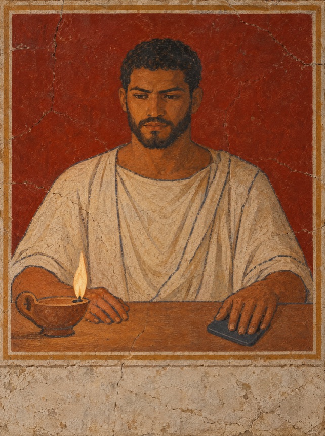 Fresco de un hombre sentado a la mesa de noche, con una lámpara de aceite encendida y el teléfono boca abajo bajo su mano.