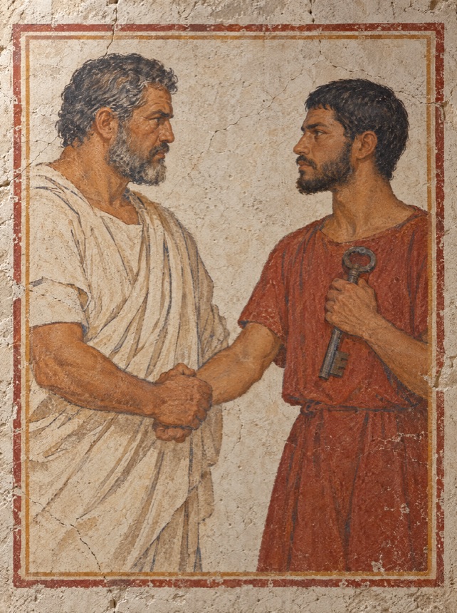 Fresco de dos hombres frente a frente: el mayor, con toga clara, estrecha el antebrazo del joven, que sostiene una llave de hierro.